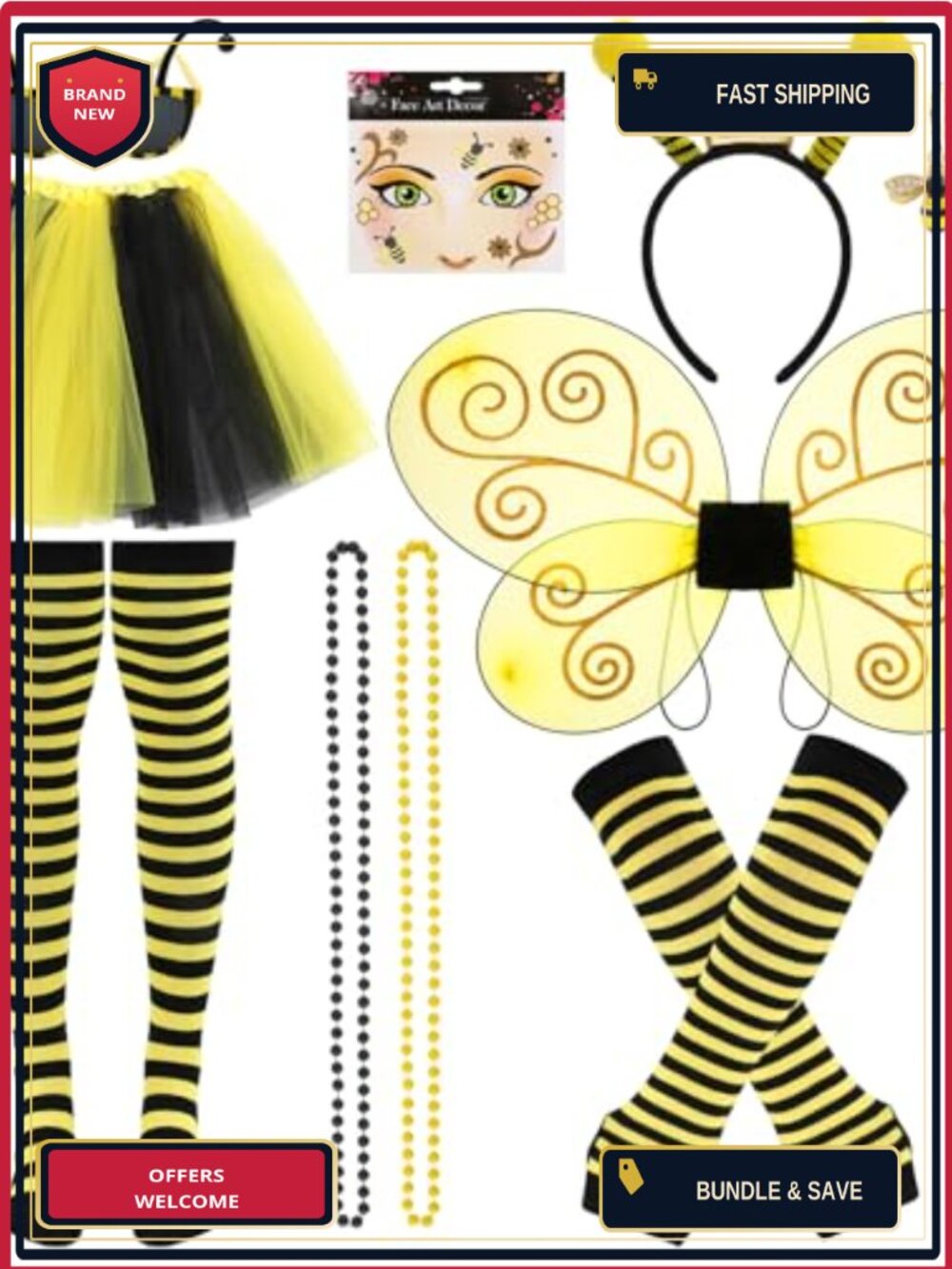 Bee Costume Set Tutu Wings Headband 10-Piece Halloween Dress Up